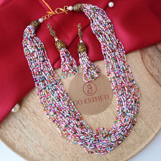 Multicolour Seed Beads Work Long Necklace Set