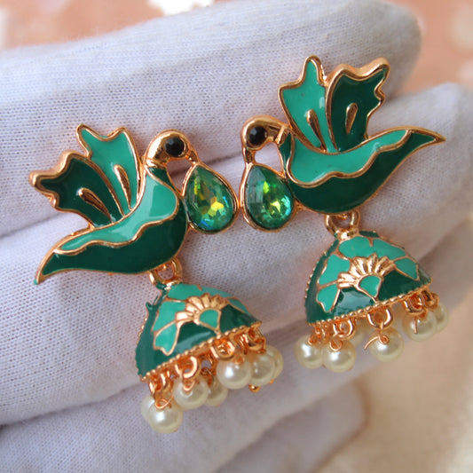 Green Bird Design Mini Meenakari Jhumki