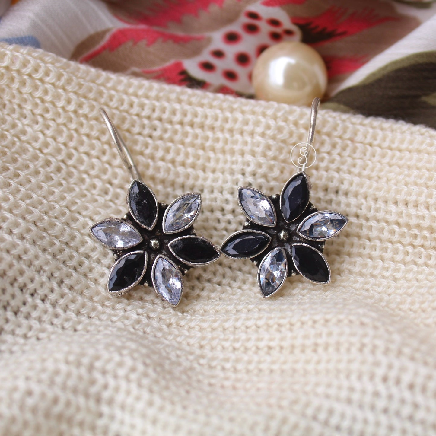 Black & White Stones Work Brass Earrings