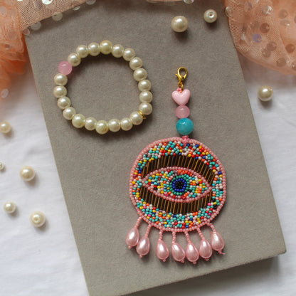Stretchable Pearl Bracelet with Evil Eye Detachable Charm