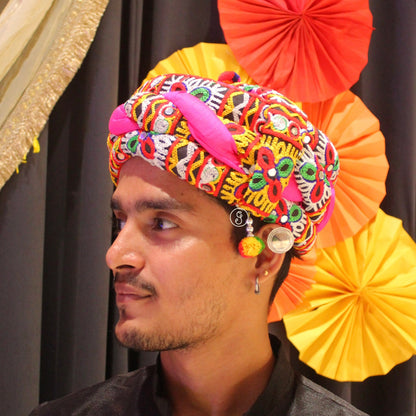 Pink Gamthi Style Multicoloured Embroidered Unisex Pagdi