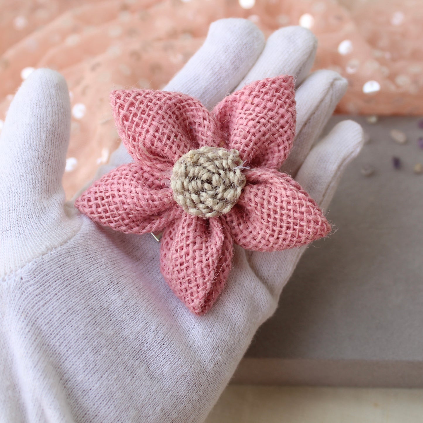 Pink Jute Flower Design Hair-Clip