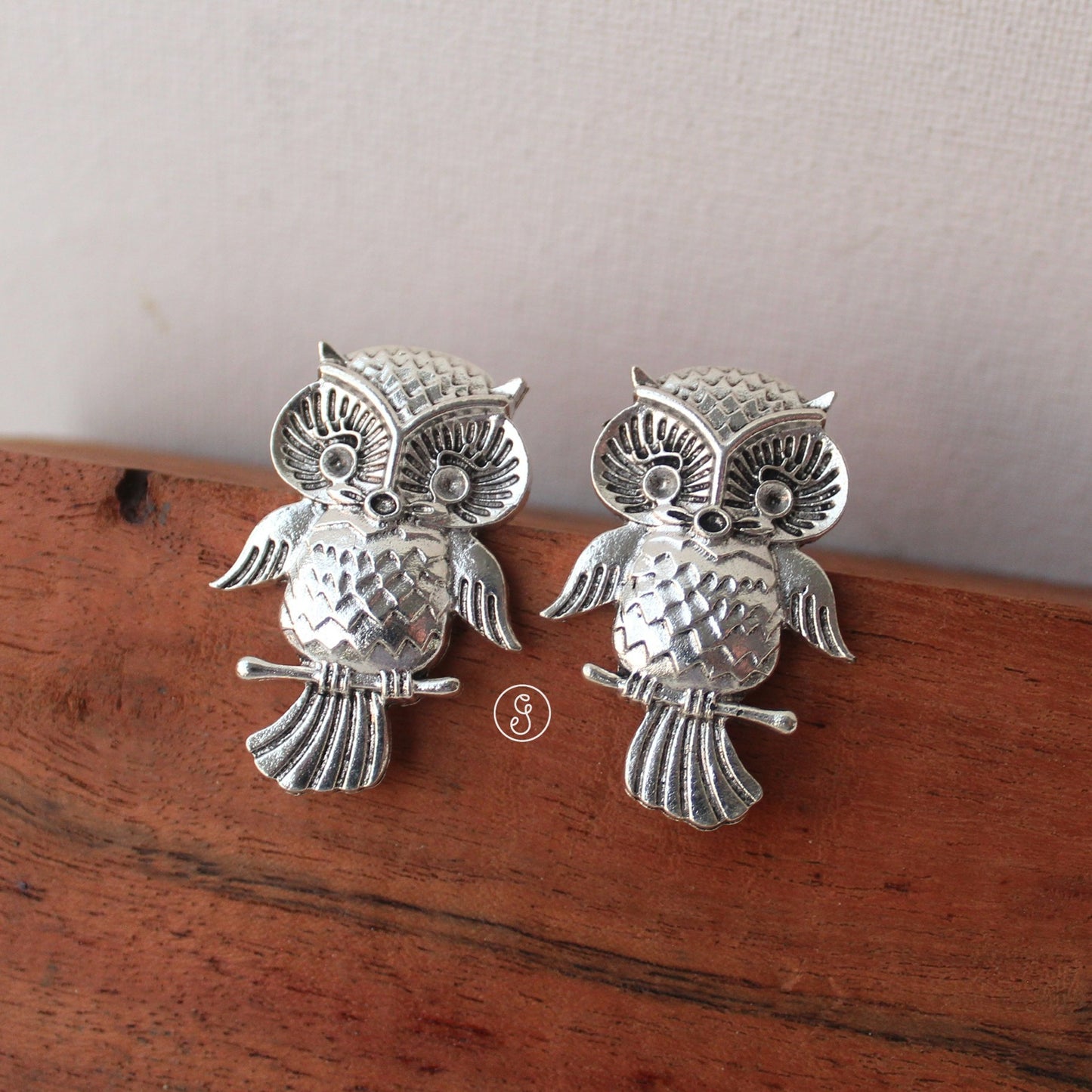 Unique Oxidised Silver Owl Design Studs