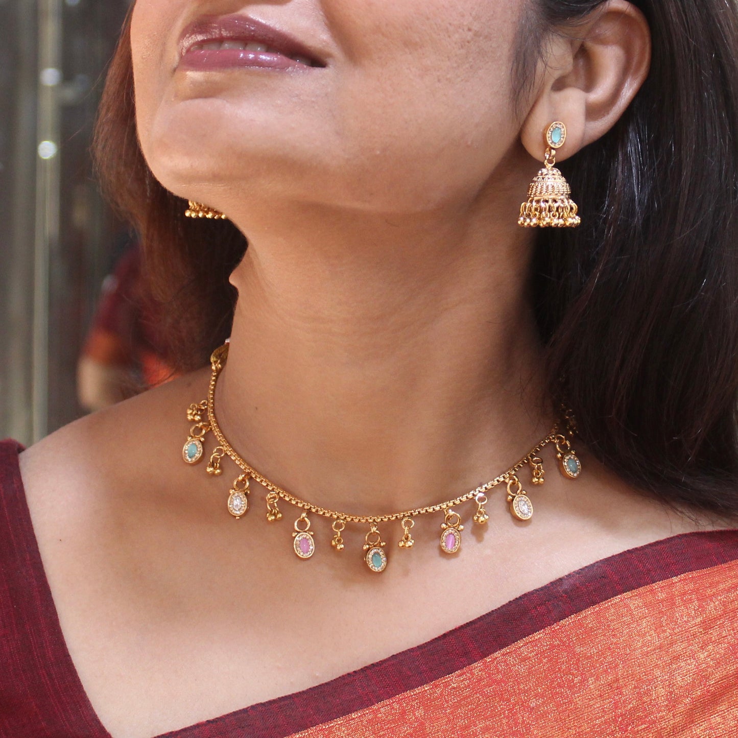 Gold Plated Brass Multicoloured Necklace Set