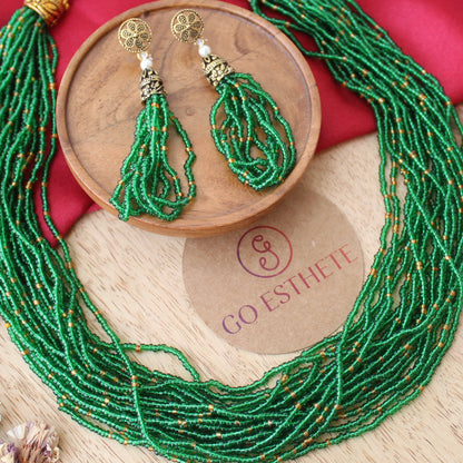 Green Multi-Strings Beads Work Necklace Set