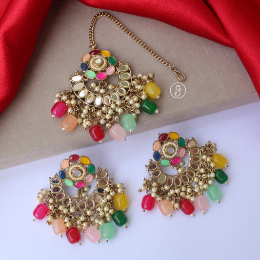 Stunning Multicoloured Earrings With Maang-Tika