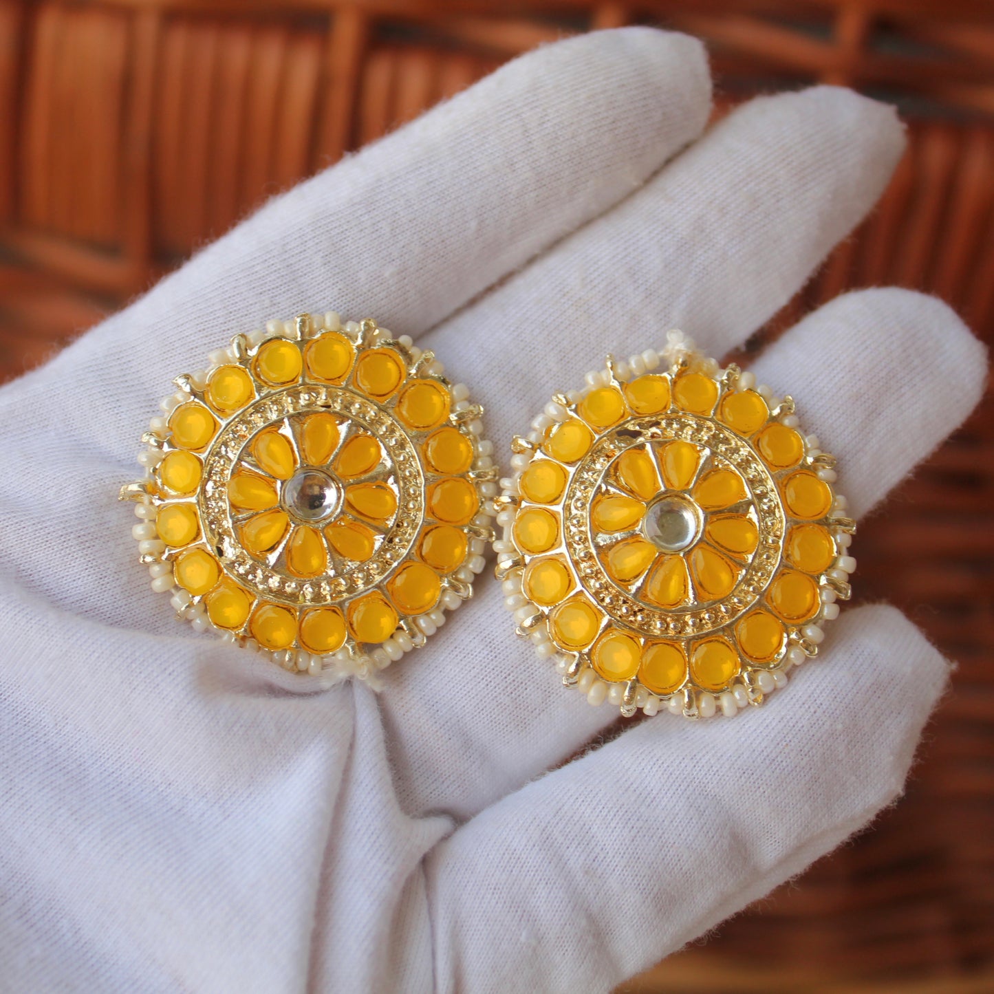 Vibrant Yellow Stones Work Big Sized Studs