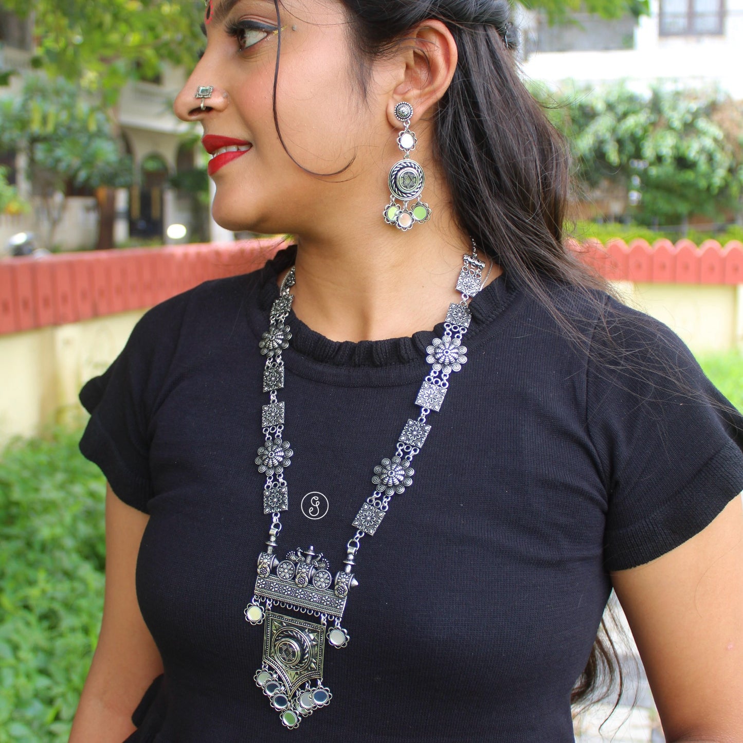 Stunning Oxidised Silver Long Necklace Set