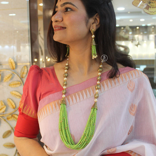 Mint Green Crystal & Brass Beads Mala Necklace Set