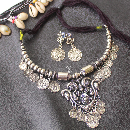 Lovely Oxidised Silver Coins Work Choker Set