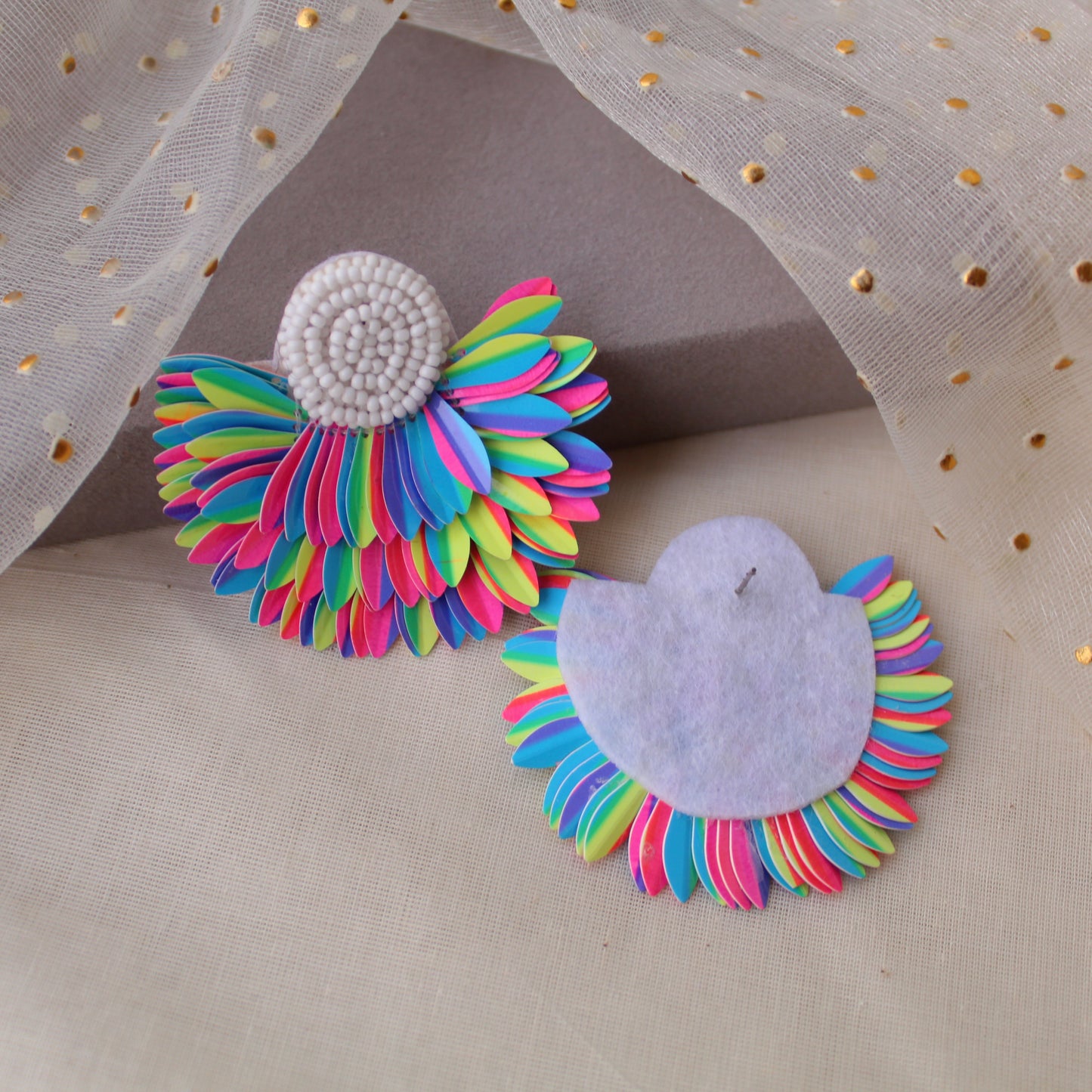 Neon Rainbow Feather Pattern Beaded Earrings