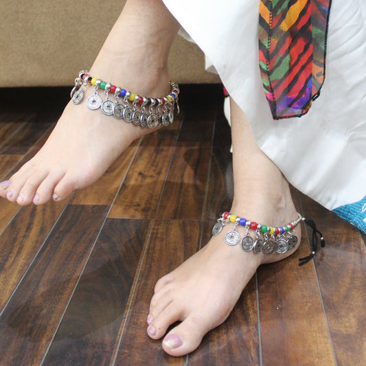 Multicoloured Adjustable Anklets With Coin Charms