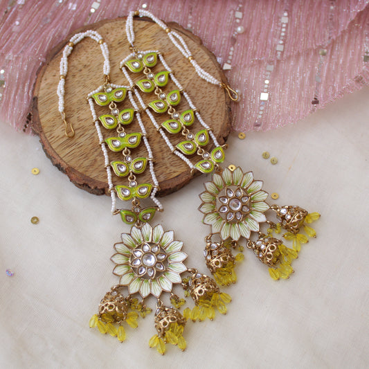 Lemon Green Floral Earrings With Earchains