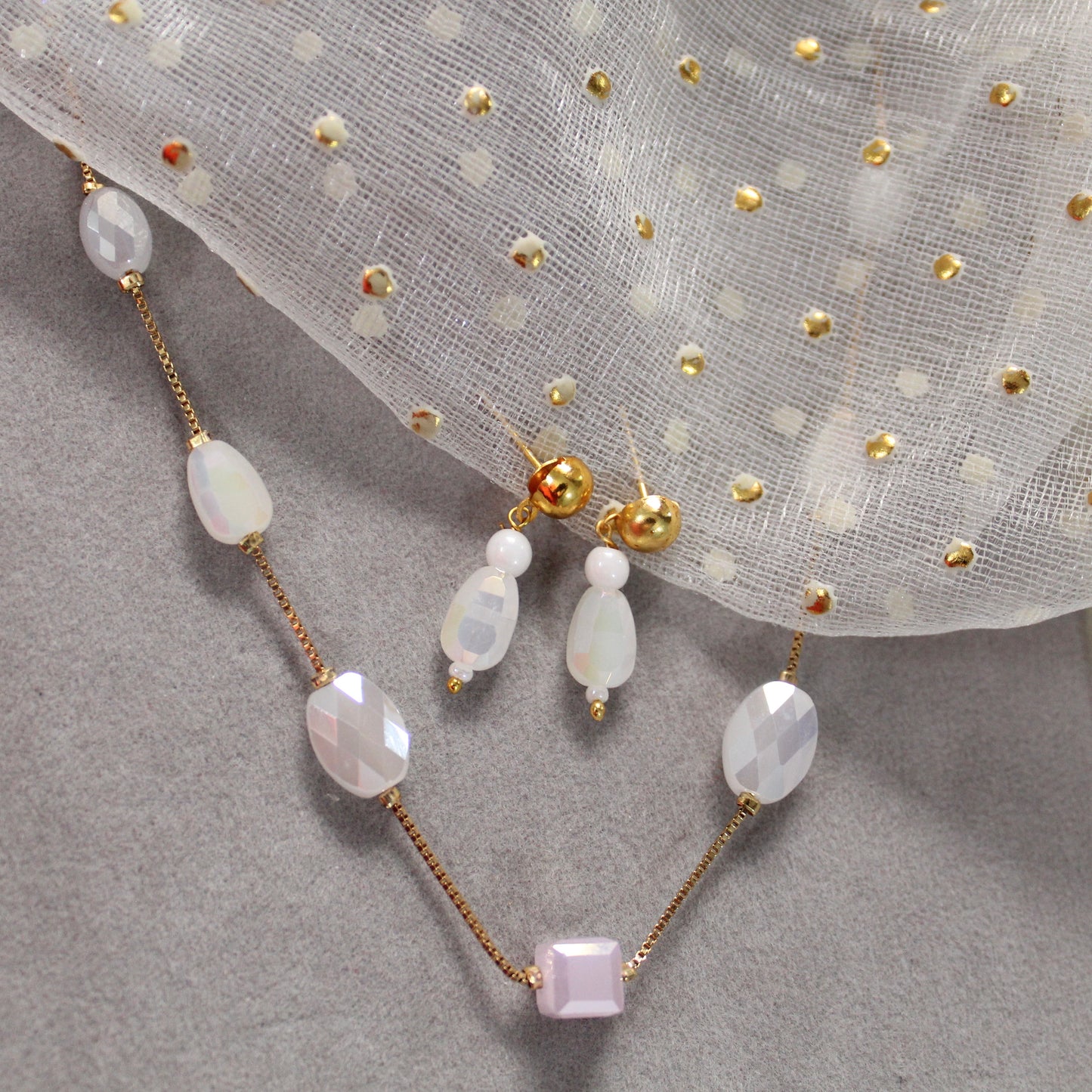 Opalite Elegance Gold-Plated Chain & Earrings