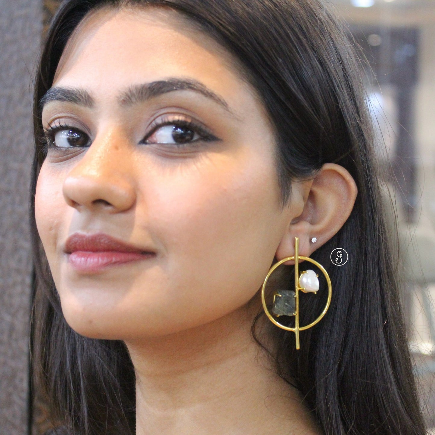Brass Statement Earrings with Natural Stone & Pearl