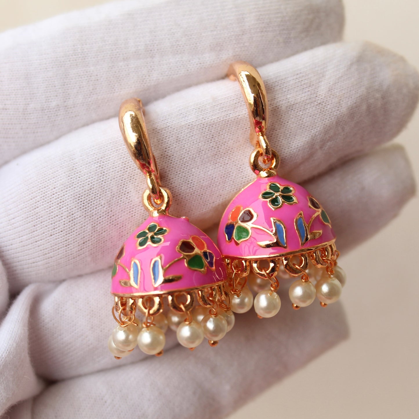 Pink Flower Meenakari Mini Jhumki