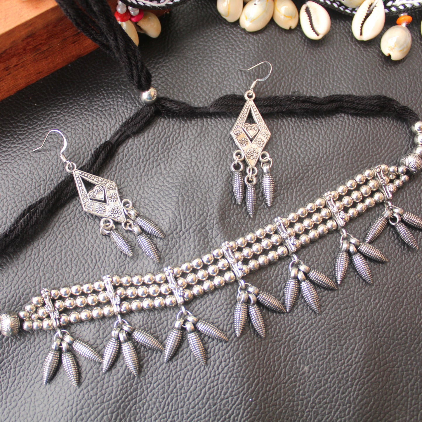 Elegant Oxidised Silver Choker Necklace Set