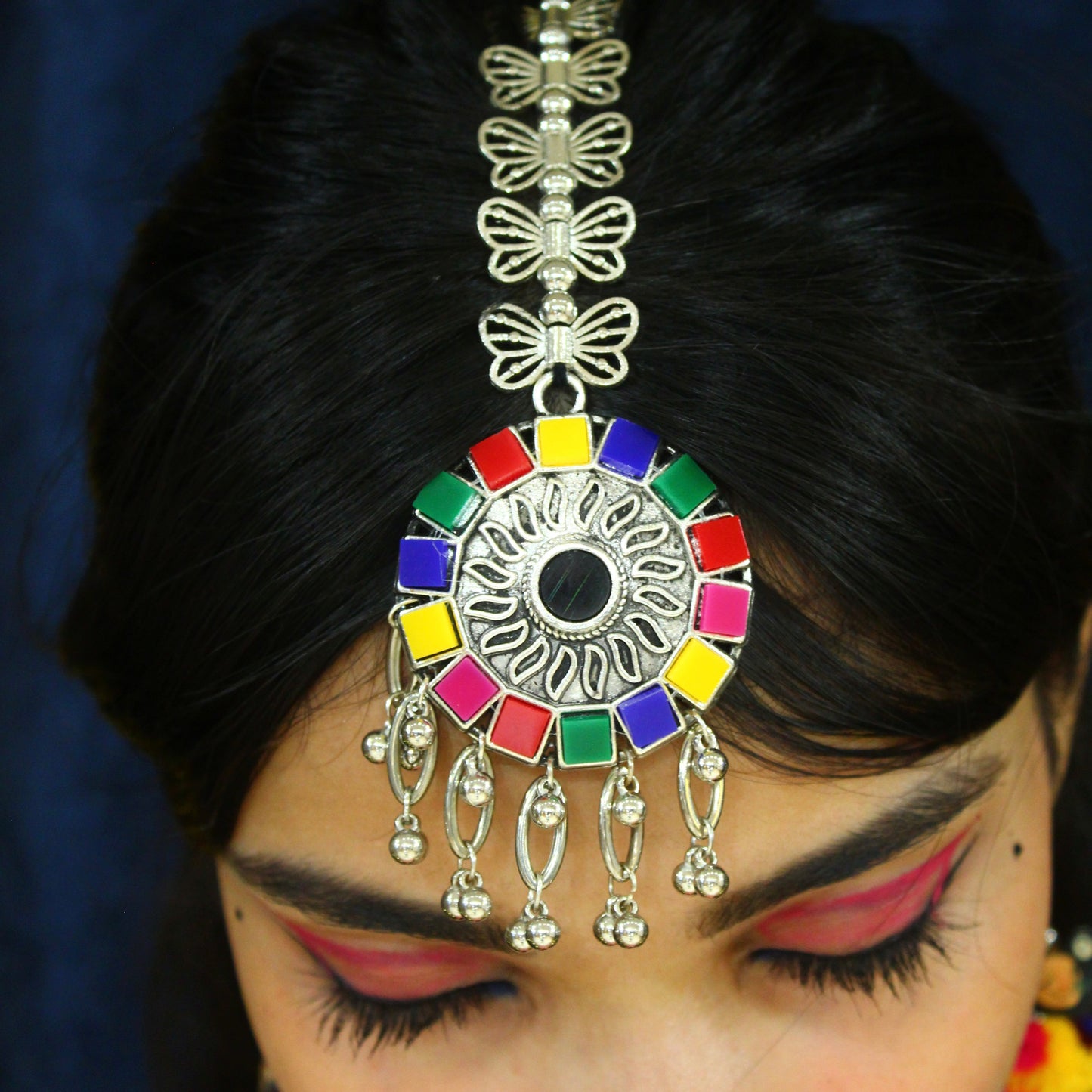 Multicolour Oxidised Silver Vibrant Maang Tika