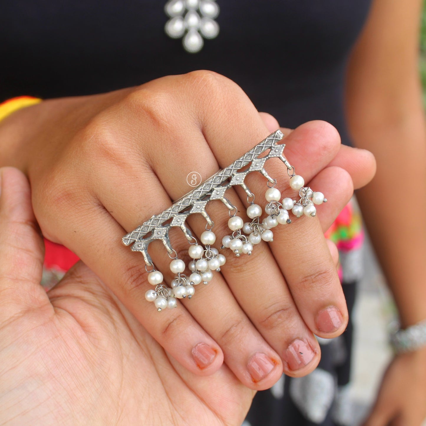 Long Designer Oxidised Silver Afgani Ring