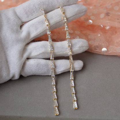 Extra Long Golden Diamonds Chain Earrings