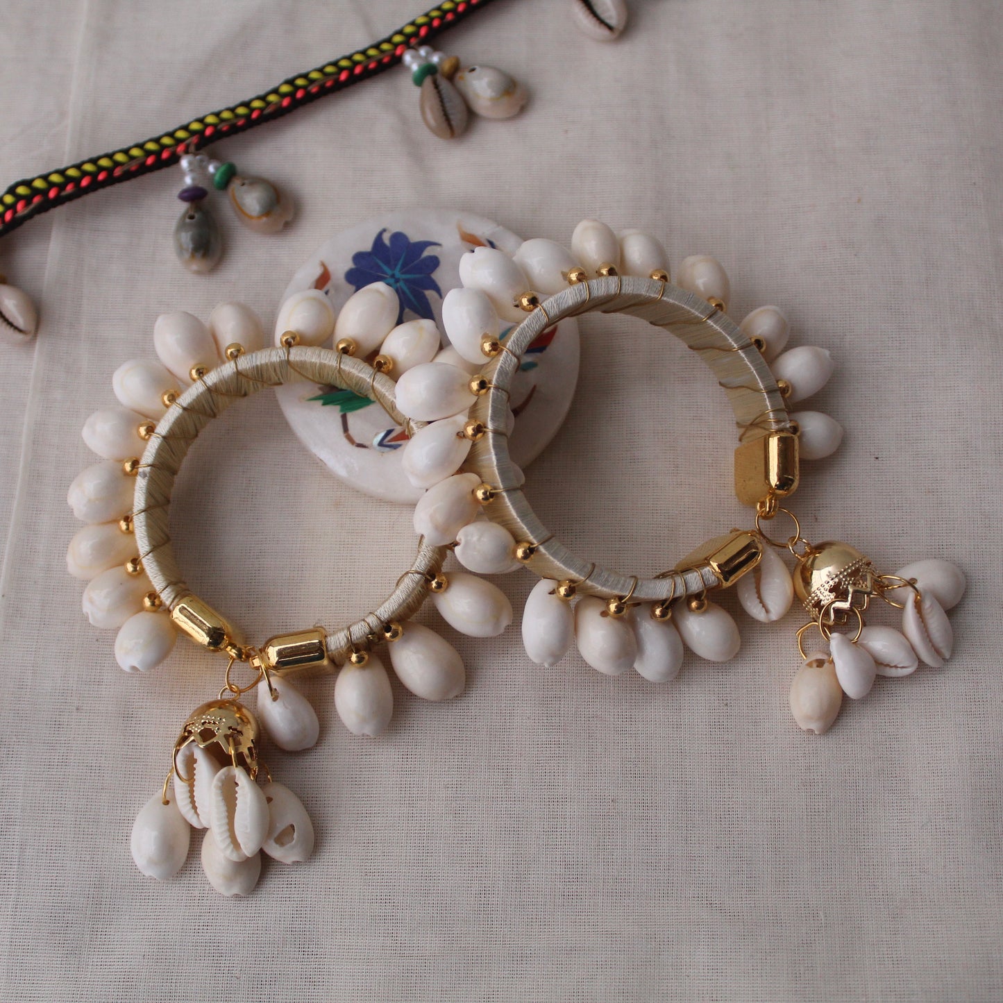 Cream Thread & Shells Work Free Size Bangles Pair