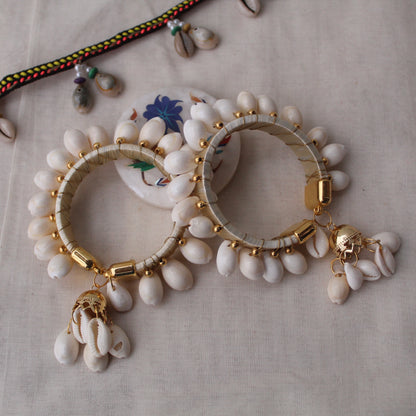Cream Thread & Shells Work Free Size Bangles Pair