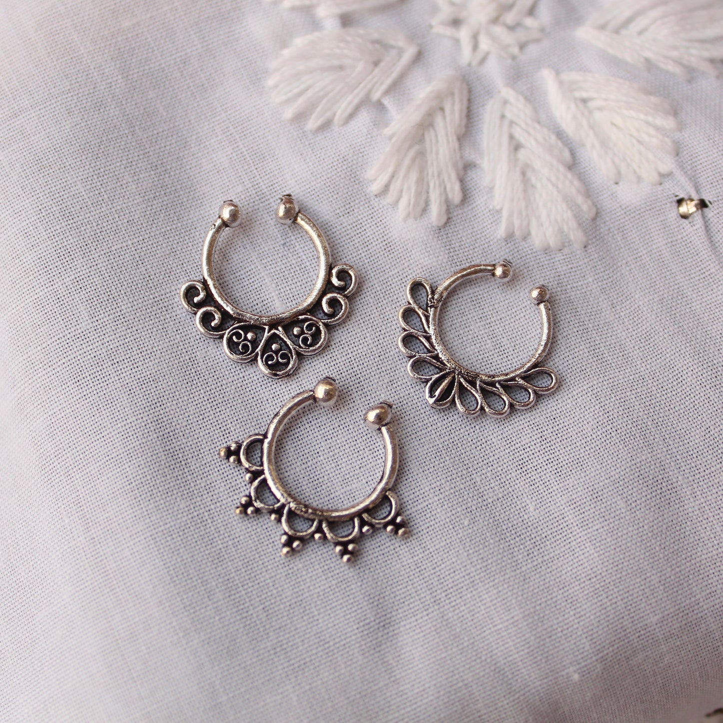 (Set of 3) Oxidised Silver Press-on Nose Rings