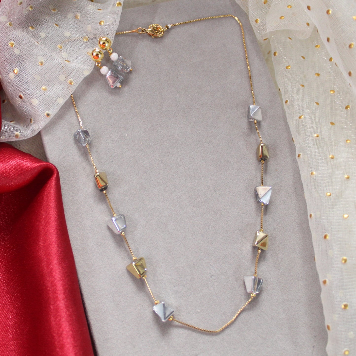 Geometric Beads Gold-Plated Chain & Earrings Set