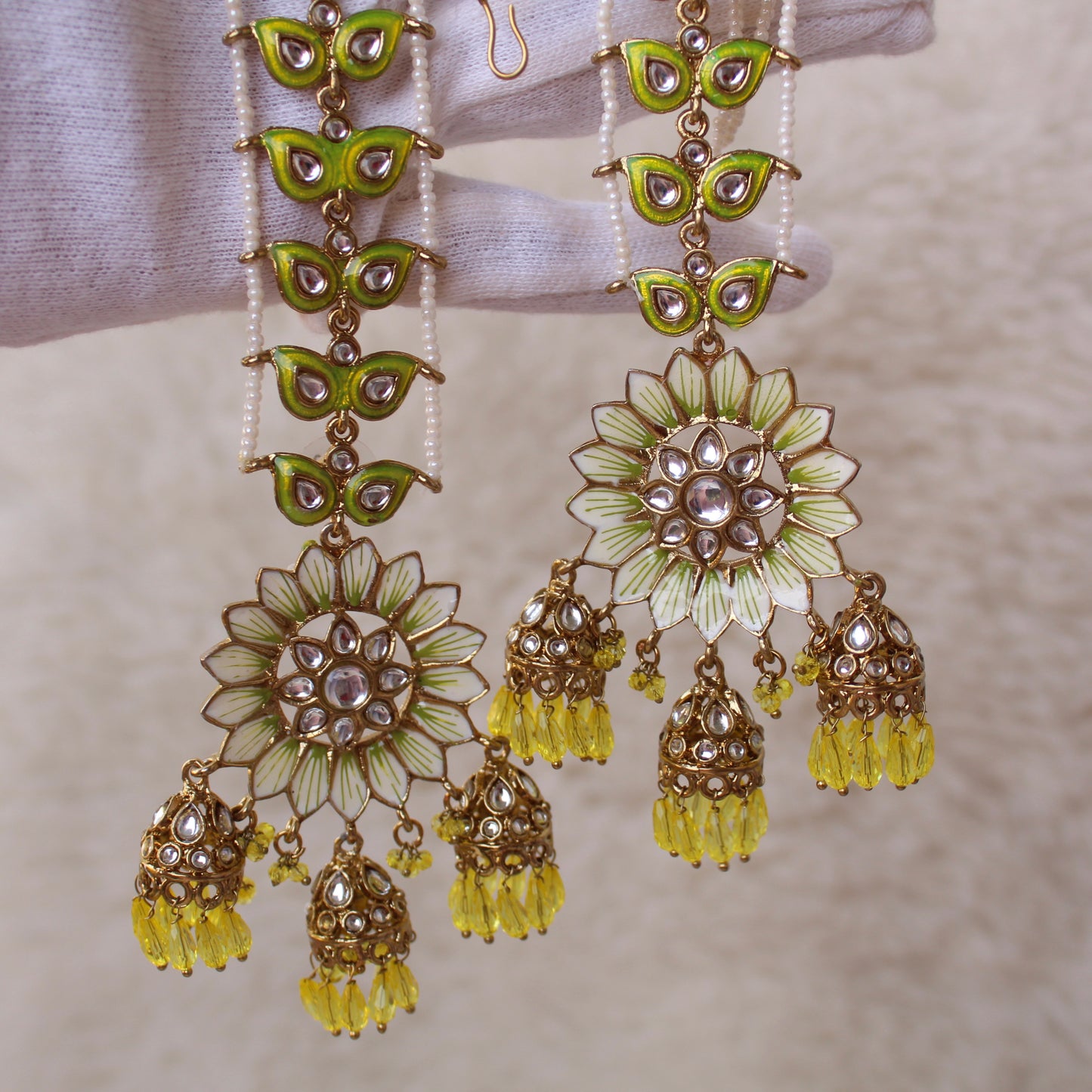 Lemon Green Floral Earrings With Earchains