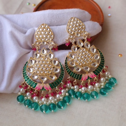 Teal Blue & Pink Kundan & Beads Work Chandbali