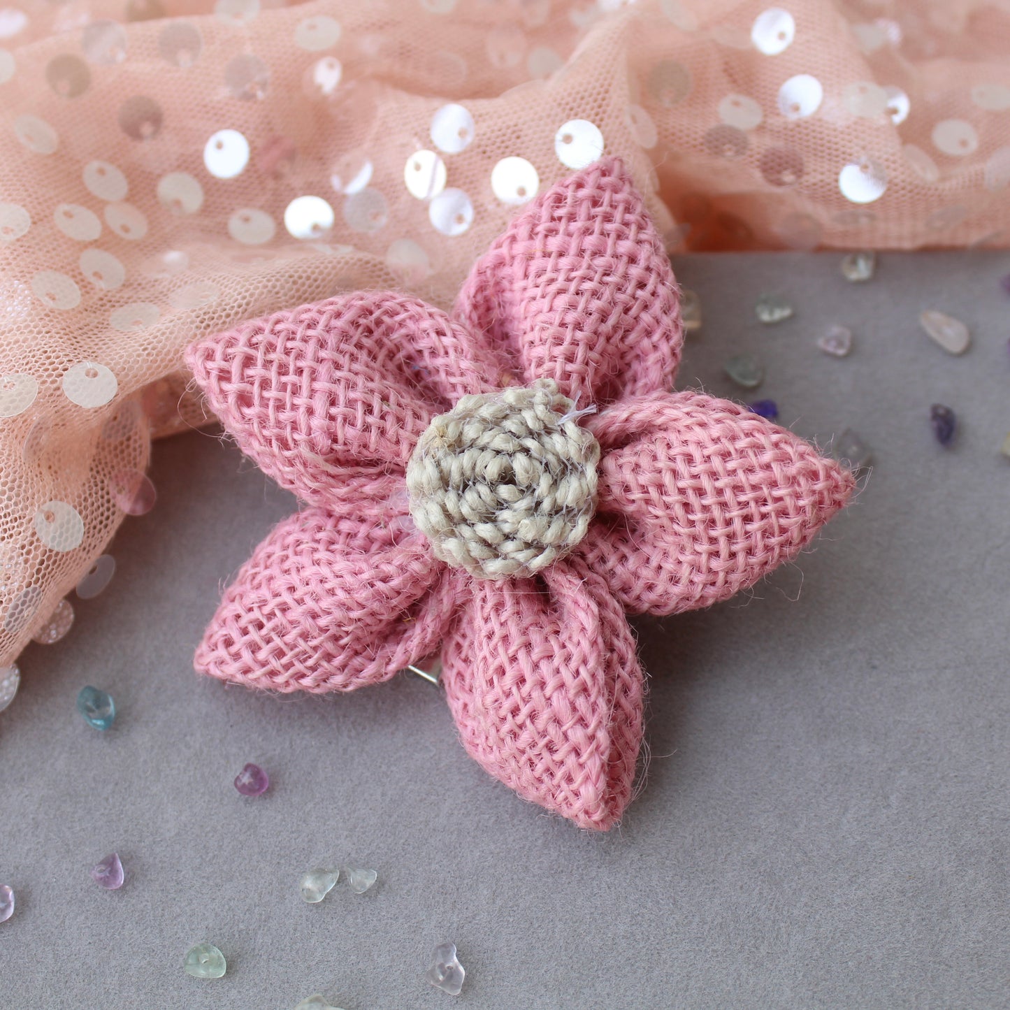 Pink Jute Flower Design Hair-Clip