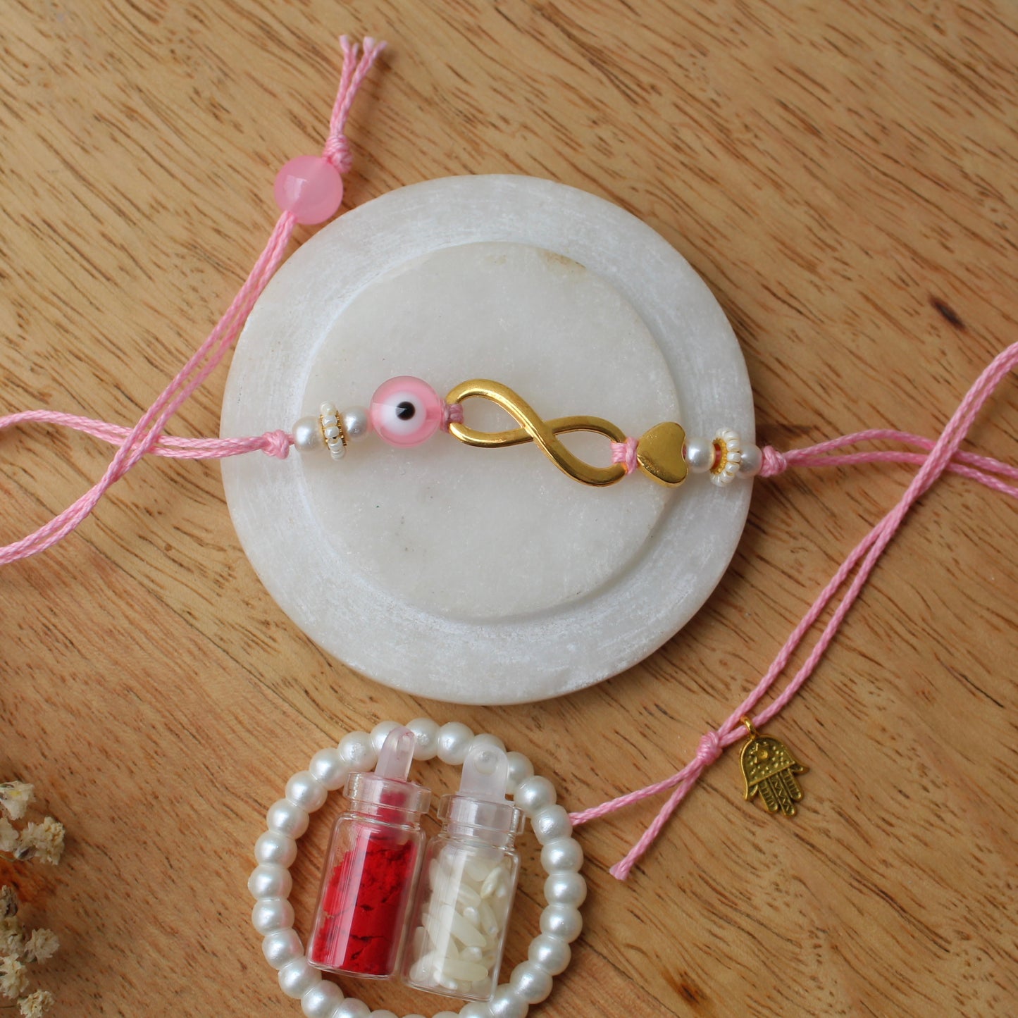 Pretty Pink Infinity & Evil Eye Design Rakhi