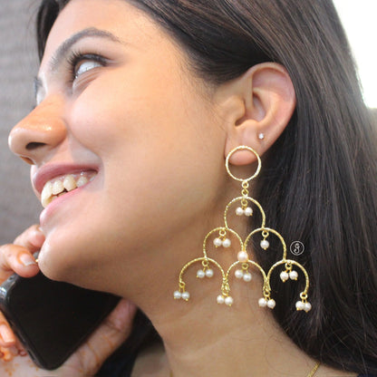 Golden Pearl Cascade Chandelier Earrings