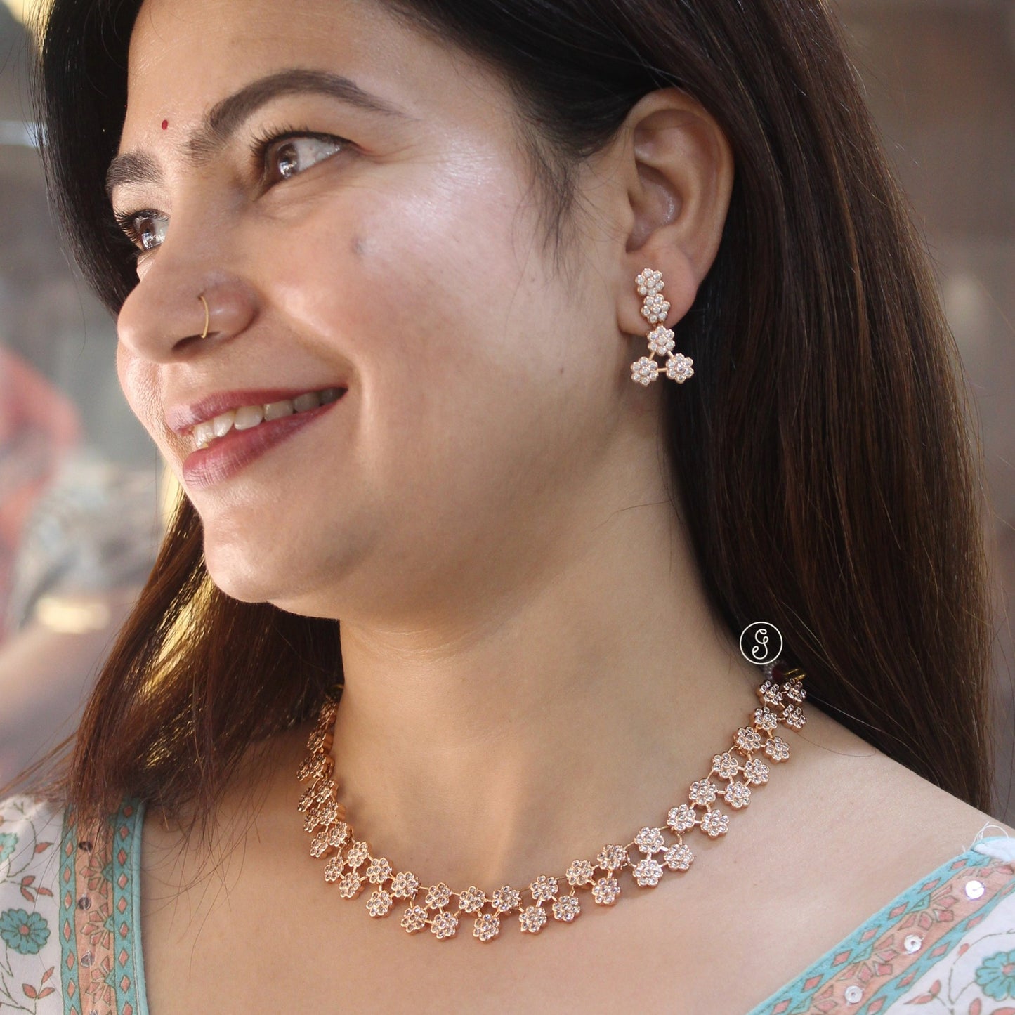 Rose Gold CZ Floral Necklace Set