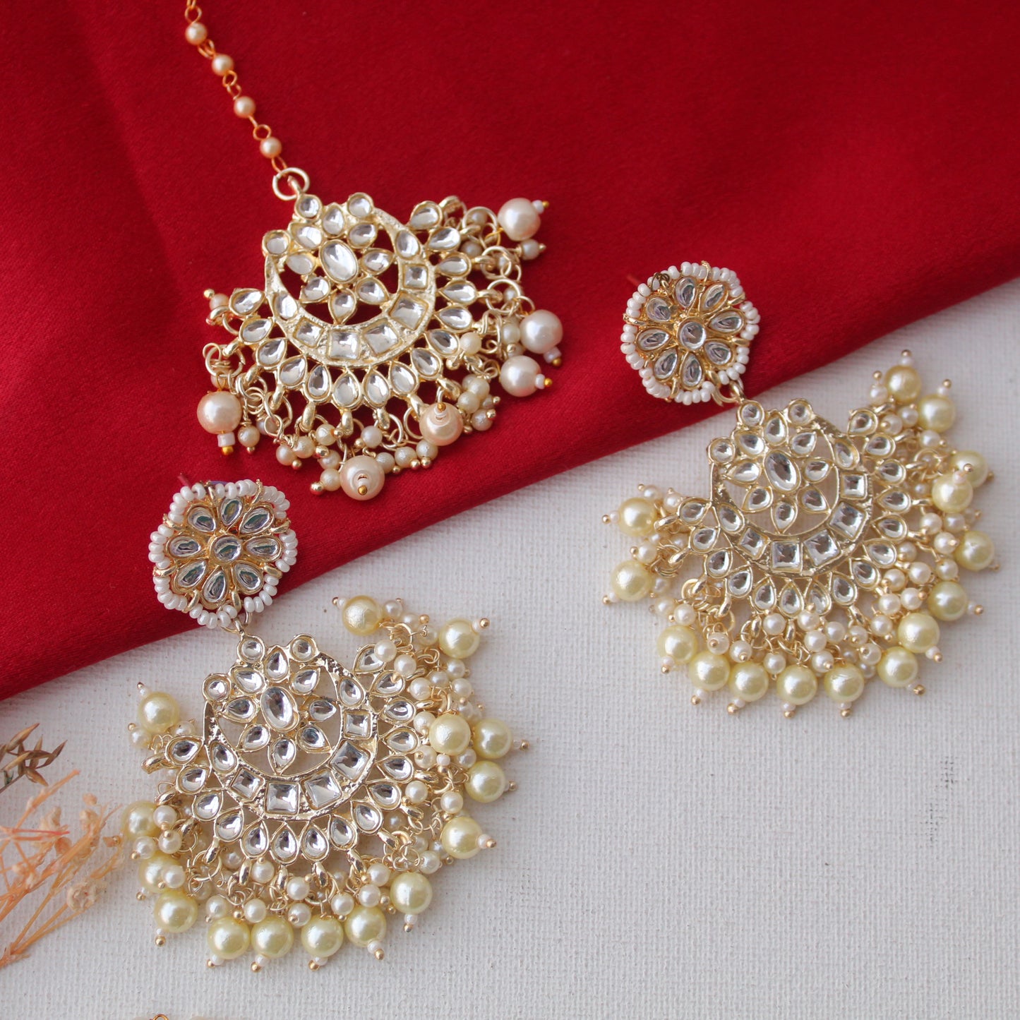 White Chandbali Earrings With Matching Maang-Tika