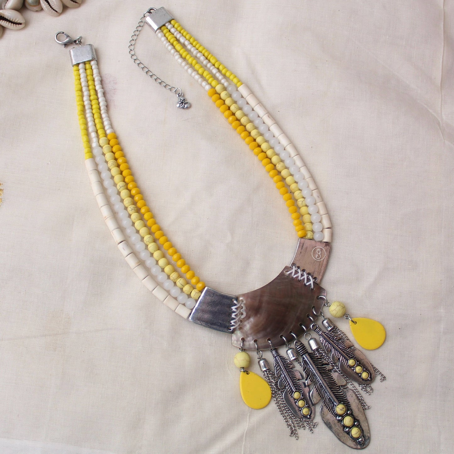 Yellow Beads & Tassels Work Long Necklace