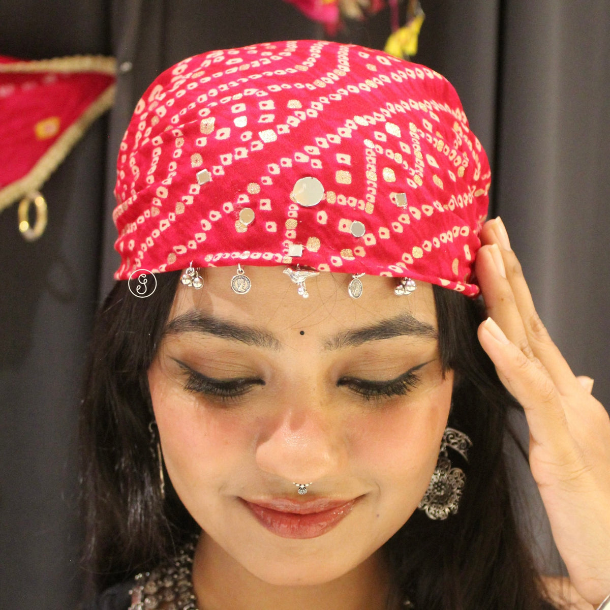 Pink Cotton Bandhani Bandana with Tassels & Charms