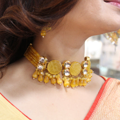 Yellow Crystals,Stones & kundan Embellished Set