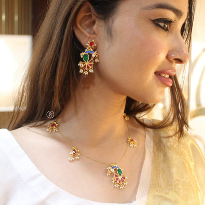 Gold Plated Peacock Design Kundan Necklace Set