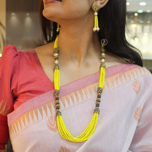 Neon Yellow Crystal Beads Long Necklace Set