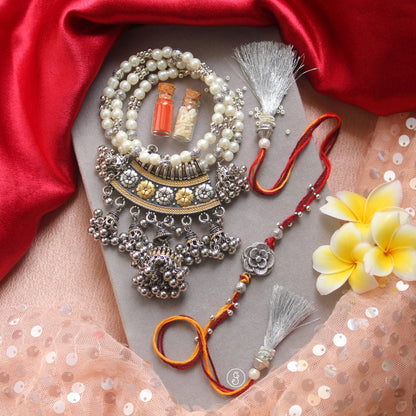 Elegant Oxidized Silver Bhaiya-Bhabhi Rakhi