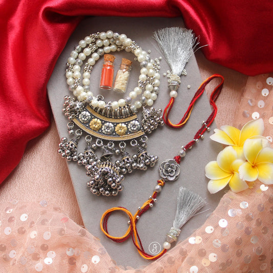 Elegant Oxidized Silver Bhaiya-Bhabhi Rakhi