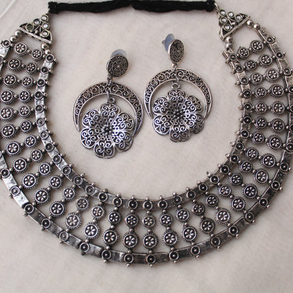 Classic Engraved Oxidised Silver Necklace Set