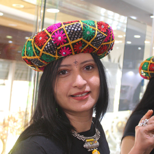 Unisex Black Pagdi With Multicoloured Embroidery