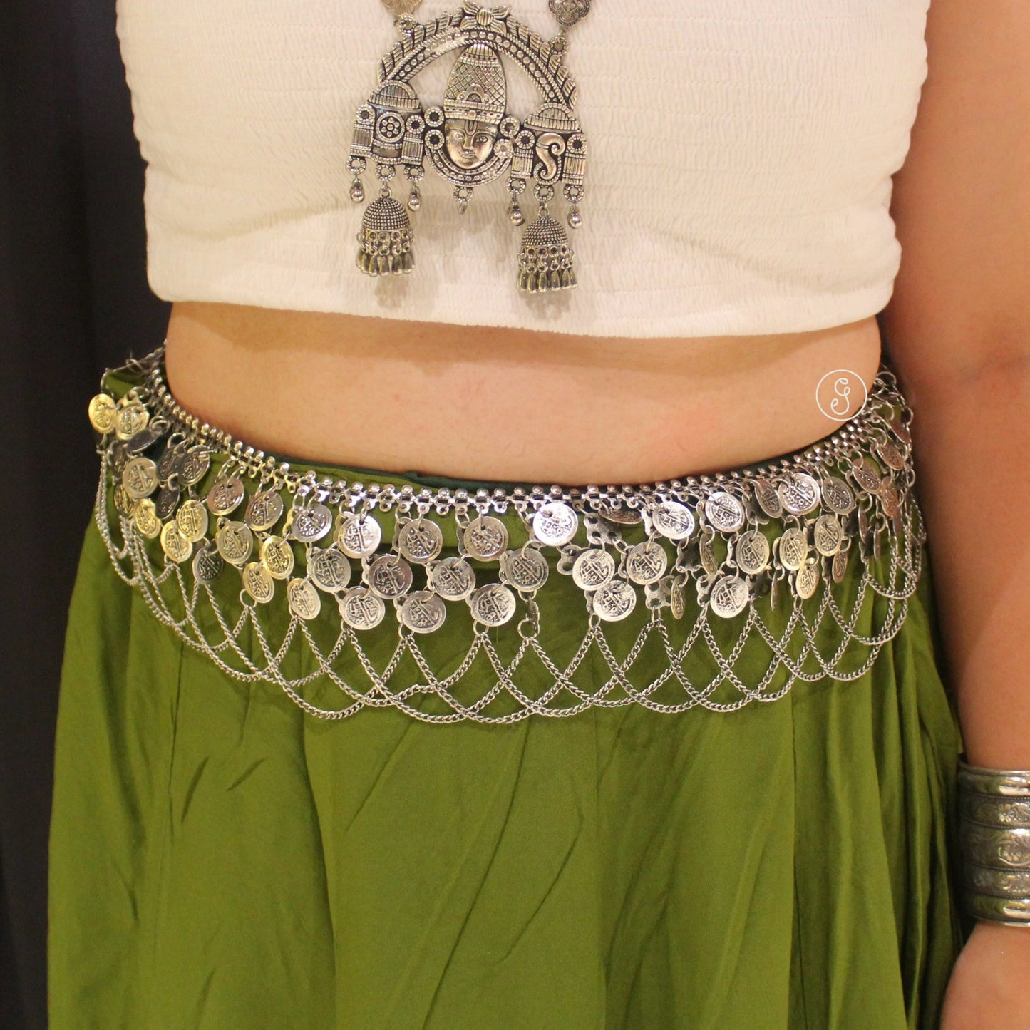 Oxidised Silver Coins & chains Work Broad Waist-belt