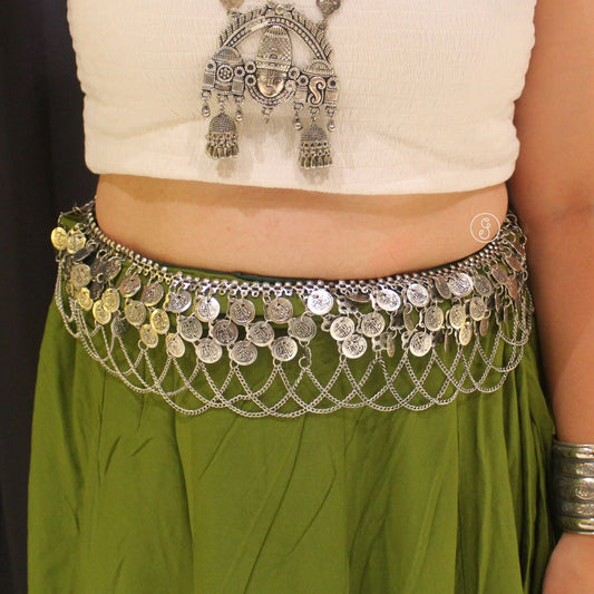 Oxidised Silver Coins & chains Work Broad Waist-belt