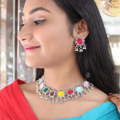 Multicoloured Oxidised Silver Necklace & Earrings