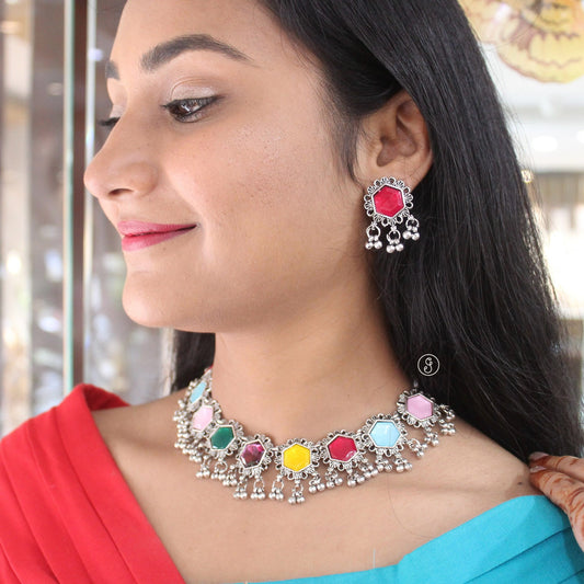 Multicoloured Oxidised Silver Necklace & Earrings