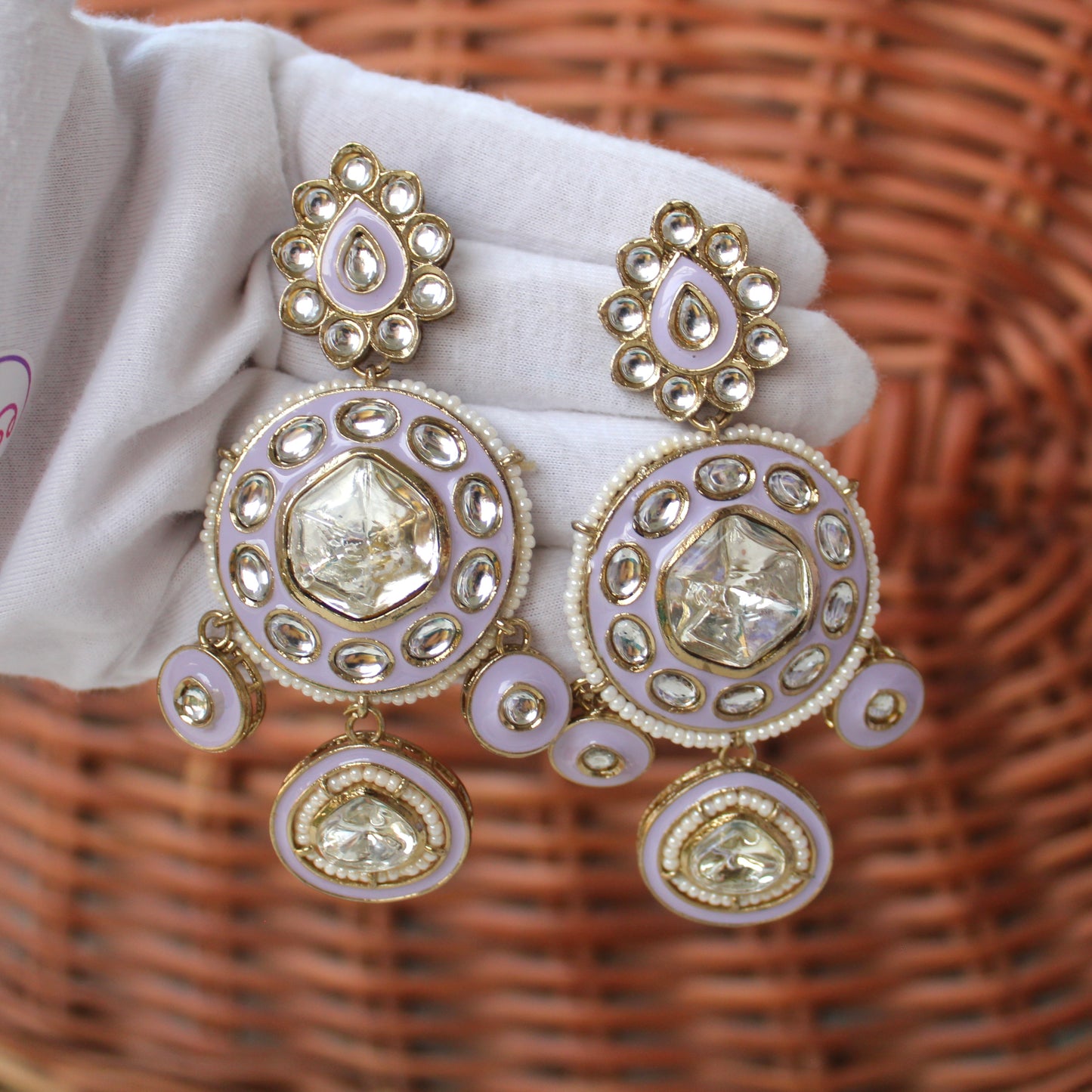 Lavender Uncut Kundan Work Statement Earrings