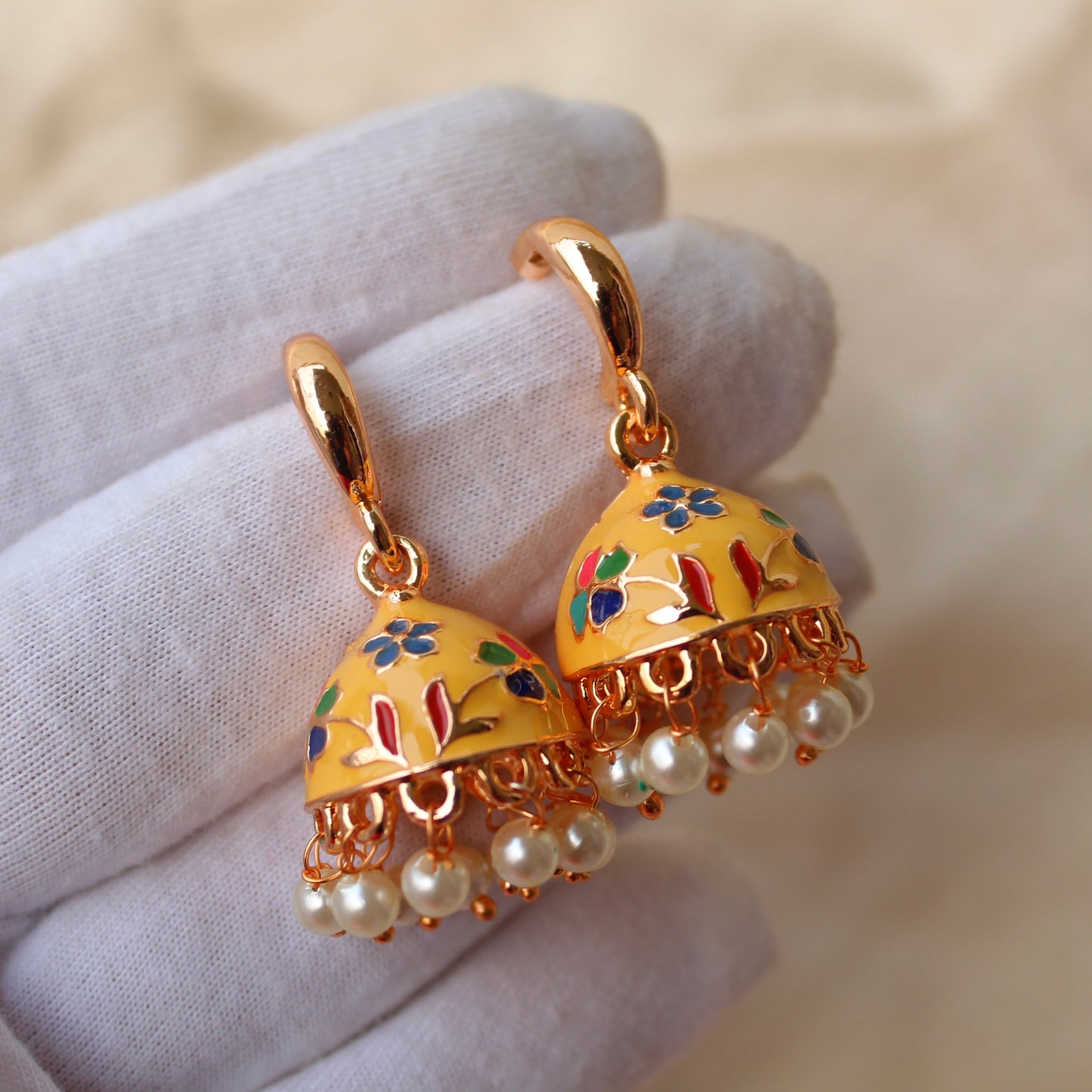 Yellow Mini Meenakari Jhumki Earrings